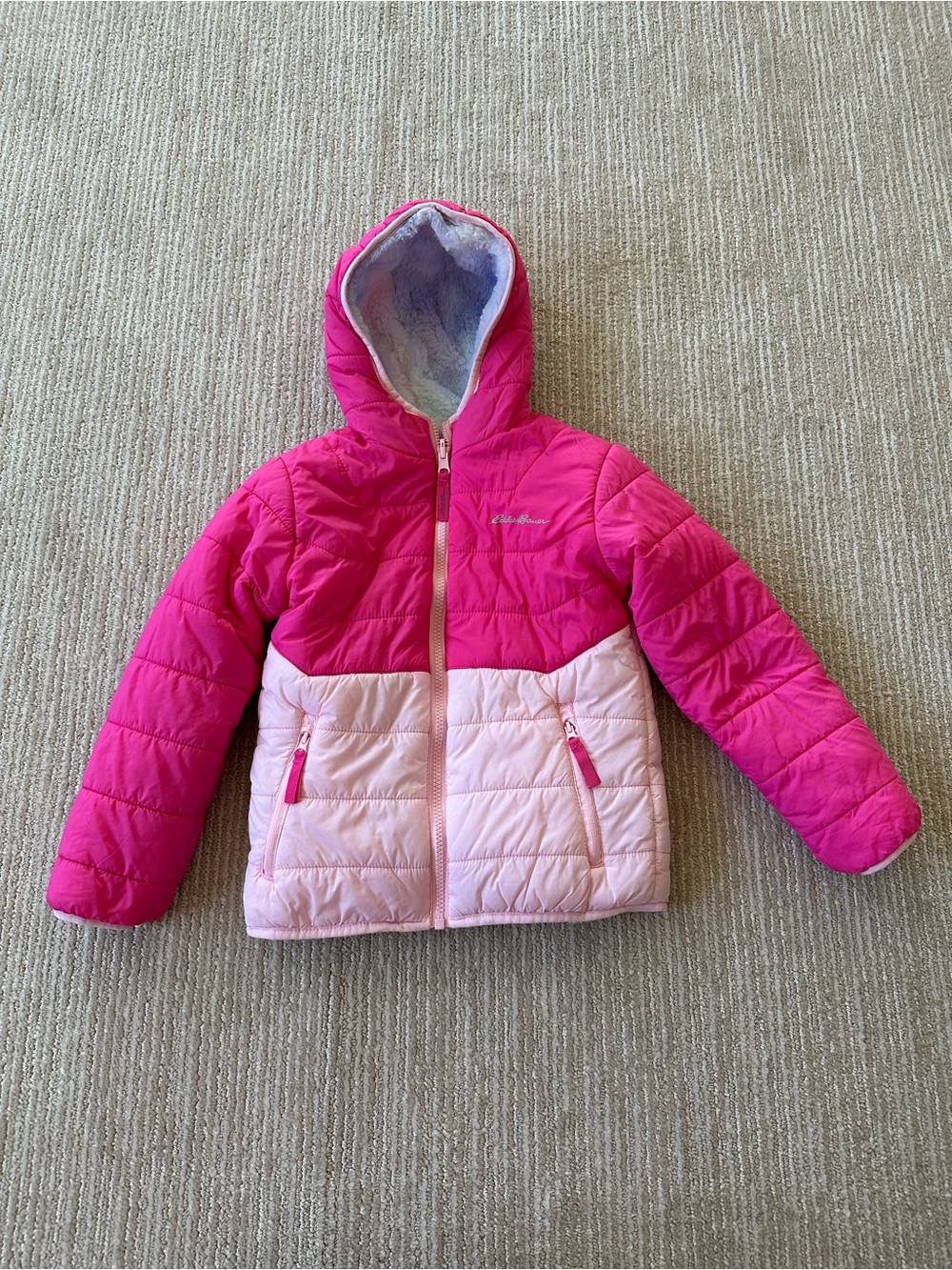 Eddie Bauer Girls Reversible Two-Tone Pink Hooded Puffer Jacket